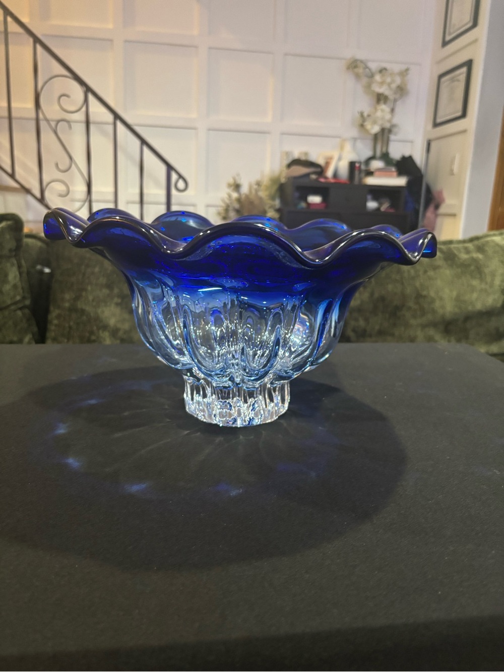 Shannon Crystal Cobalt Clear/Blue Ruffled Bowl Designs of Ireland 6.75"x12" 8LB